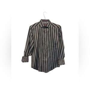 Robert‎ Graham Men’s Medium Gray Multicolour Striped Flip Cuff Button Down Shirt